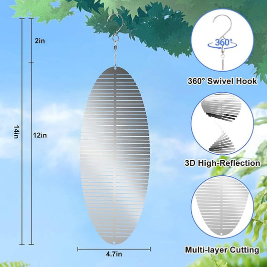 Stainless Steel Wind Spinners Outdoor Garden Decor, Gifts for Women Mom,3D Metal Reflective Bird Devices Deterrent to Keep Scare Woodpecker Pigeon Away Outside Patio Yard House (Silver Spiral,12 Inch)