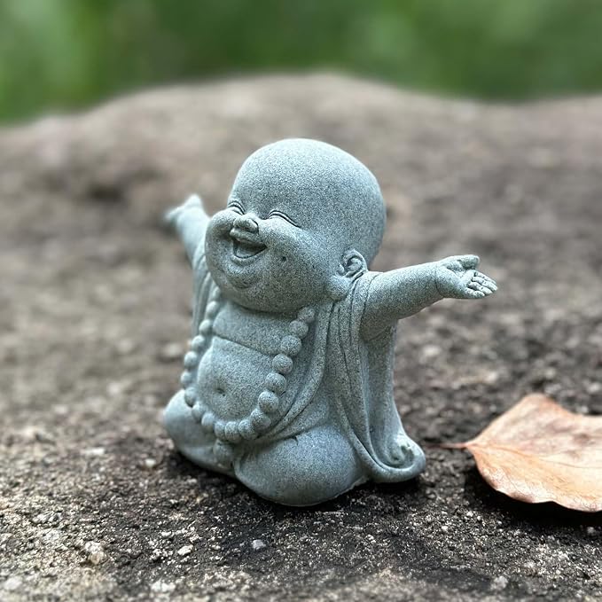 Mini Zen Laughing Buddha Statue, Tiny Sandstone Figurine for Garden Shelf | Mini monk figurine with contagious smiling face. Perfect for fish tank, desk ,or home decor. Brings joy and uplifts any space