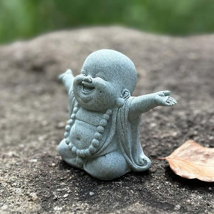 Mini Zen Laughing Buddha Statue, Tiny Sandstone Figurine for Garden Shelf | Mini monk figurine with contagious smiling face. Perfect for fish tank, desk ,or home decor. Brings joy and uplifts any space