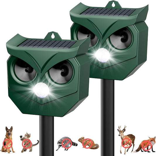 2Pack Solar Ultrasonic Animal Deterrent Outdoor, Motion Sensor Repeller with Flashing Lights, Waterproof Deterrent Device for Cats Squirrels Deer Raccoons Skunks - Garden Yard Farm Protection