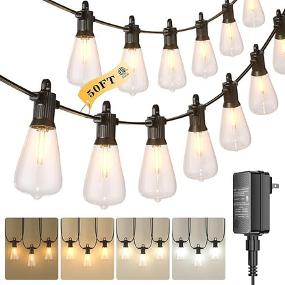 Kawaya Outdoor String Lights for Patio - ST38 Outside IP65 Waterproof Hanging Light with 2700k~6000k Dimmable - 50FT Led Edison Lights for Cafe Bistro Yard Gazebo Porch