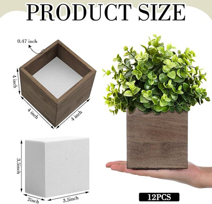 Suzile 12 Set 4 Inch Wooden Planter Box Flower Square Vases for Centerpiece Rustic Cube Planter Box with Removable Foam Blocks Liner Square Vase Craft for Garden Home(Brown Wood)