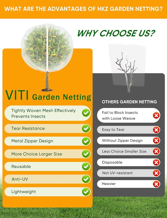 VITI Fruit Tree Netting for Cicadas - with 4Pcs 5Ftx5Ft Zipper&Drawstring Protection for Your Fruit Trees Garden Bird Netting Covers Blueberry Bush Tomato Bug Plant Protection Cherry Apple Tree