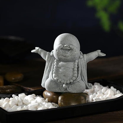 Landical Buddha Sandstone Statues, Zen Monk Praying Statue Sculptures Ornament for Wealth Good Luck Feng Shui Decor Home Office Car Decoration(Laughing Buddha)