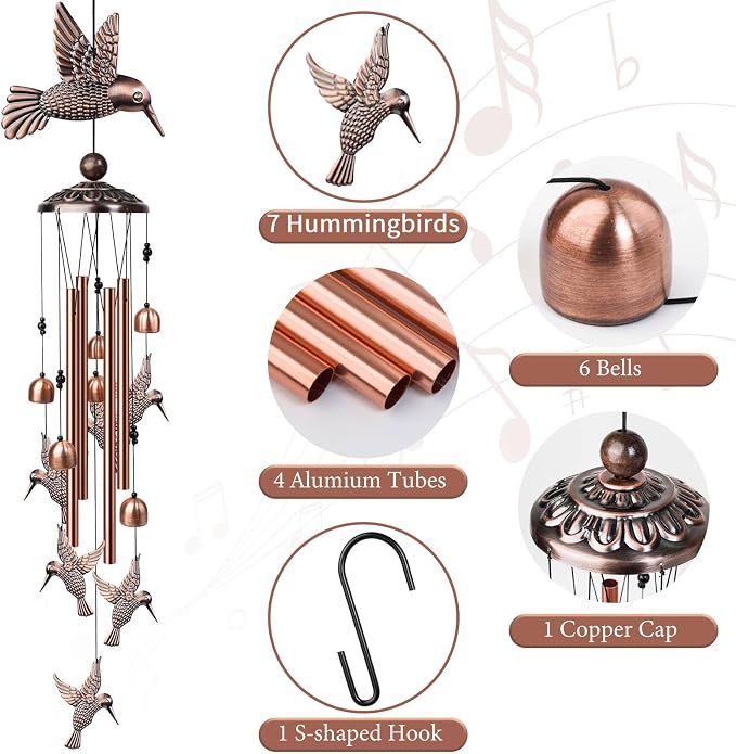 35" Hummingbird Wind Chimes, Outdoor Aluminum Wind Chimes, Memorial Gift for Mom Grandma