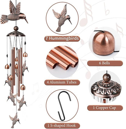 35" Hummingbird Wind Chimes, Outdoor Aluminum Wind Chimes, Memorial Gift for Mom Grandma