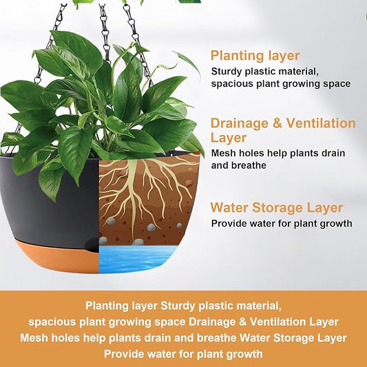 KPUVX 10 Inch Hanging Baskets for Plants Outdoor Self Watering Pots for Indoor Plants, 3 Pack Plastic Hanging Basket with Removable Tray for Home Garden Porch Balcony Patio Decor(Black)