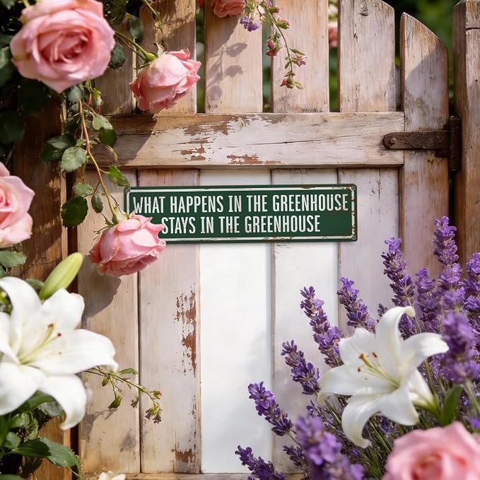 Greenhouse Metal Tin Sign, Rustic Farmhouse Garden Decor, What Happens in the Greenhouse Stays Sign, Vintage Garden Wall Art, for Greenhouses Yard Fence Porch,15.7 x 3.9 Inches