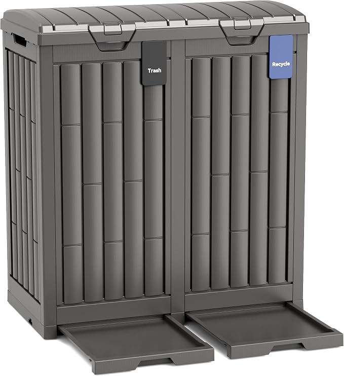 Outdoor Trash Can, 60 Gallon Garbage Can with Tiered Lid and Drip Tray, Waterproof Resin Waste Bin for Patio, Garden, Backyard, Deck, Brown