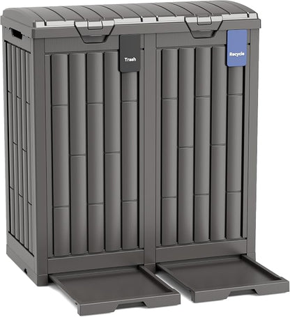 Outdoor Trash Can, 60 Gallon Garbage Can with Tiered Lid and Drip Tray, Waterproof Resin Waste Bin for Patio, Garden, Backyard, Deck, Brown