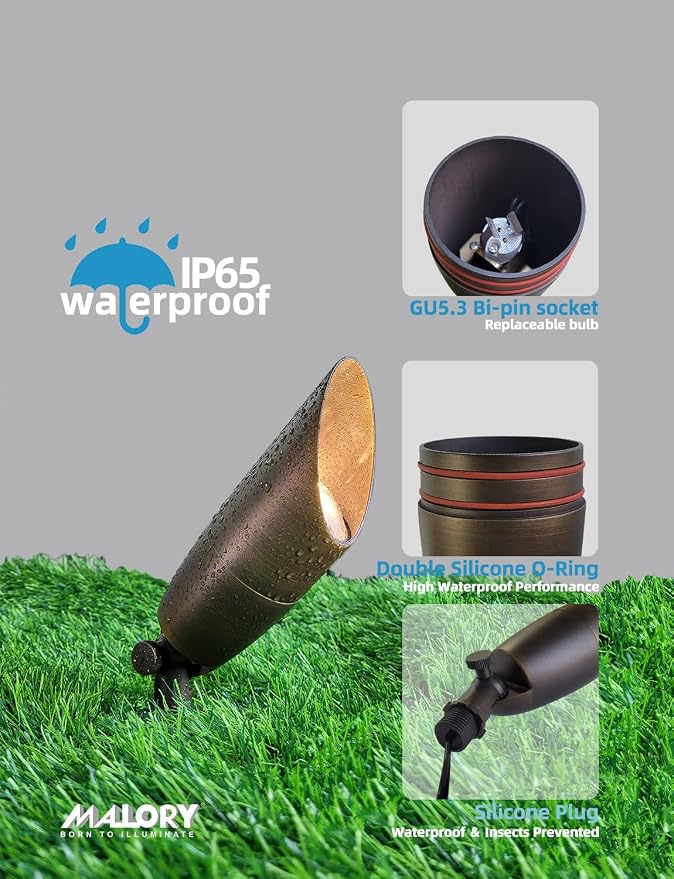 MALORY Solid Brass Landscape Spotlight 4-Pack with Bulb(S06), Low Voltage Front and Backyard Landscape Lighting with Large Rugged Slot Spike & Wire Connector,12V AC/DC Garden Patio Spot Up Light