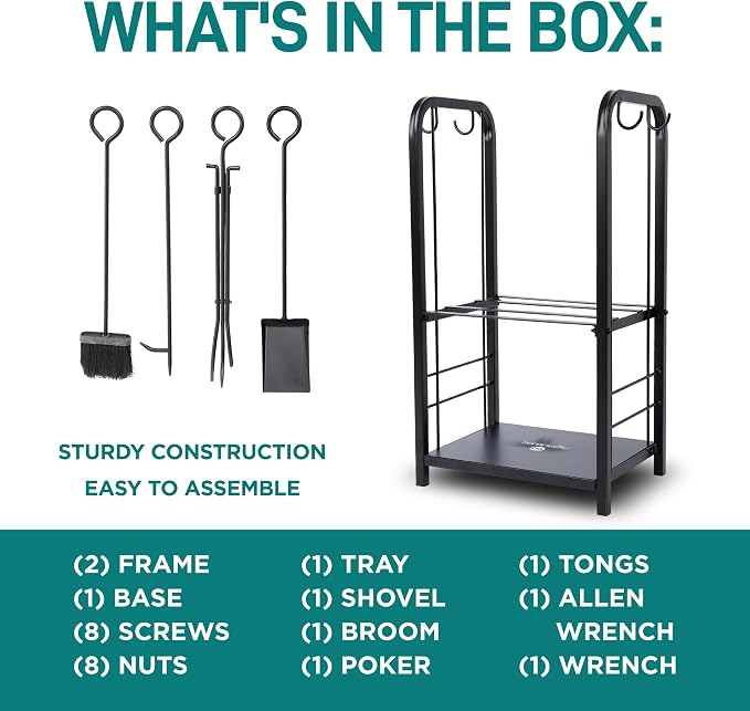 SereneLife Heavy Duty Firewood Rack Holder, Metal Log Storage Organizer with Shelves & Fireplace Tools, Black Powder Coated Wood Stacker for Indoor Fireplace, Outdoor Patio, Deck, Backyard