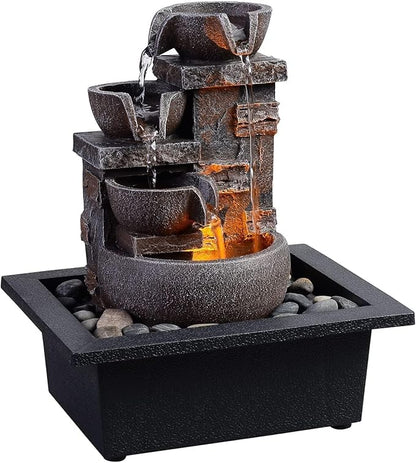 Kalona Décor Desktop Fountain - 10" 4-Tier Design with Imitation Stone, Indoor Waterfall Tabletop River Rocks & Resin Material for Serene Meditation & Relaxation - Ideal for Home & Office Decor