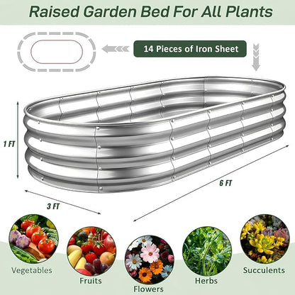 Raised Garden Bed Kit, Galvanized Planter Garden Boxes Outdoor, Oval Large Metal Raised Garden Beds for Vegetables, Fruits, Flowers,Planter Box Easy Assembly Garden Bed Kit (Silver, 6x3x1FT 1pcs )