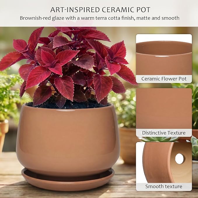 10.3 Inch Ceramic Planter with Saucer,Modern Garden Pots with Drainage Hole Mesh Net, for Indoor Outdoor Use (Reddish Brown)