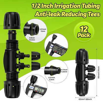 12 Pcs 1/2 Inch To 1/4 Inch Irrigation Tubing Fittings, 1/2"(1/2" ID x 0.65" OD) To 1/4" Drip Barbed Tee Adapter 16mm Anti-Drop Locked Nut T Reducer To 1/4" Distribution Line Connector
