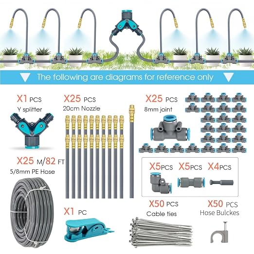 Drip Irrigation System, 82Ft 5/16 Inch Hose, 25 Adjustable Copper Nozzles, Automatic Atomizing Watering Kit for Greenhouse, Outdoor, Raised Bed, Lawn