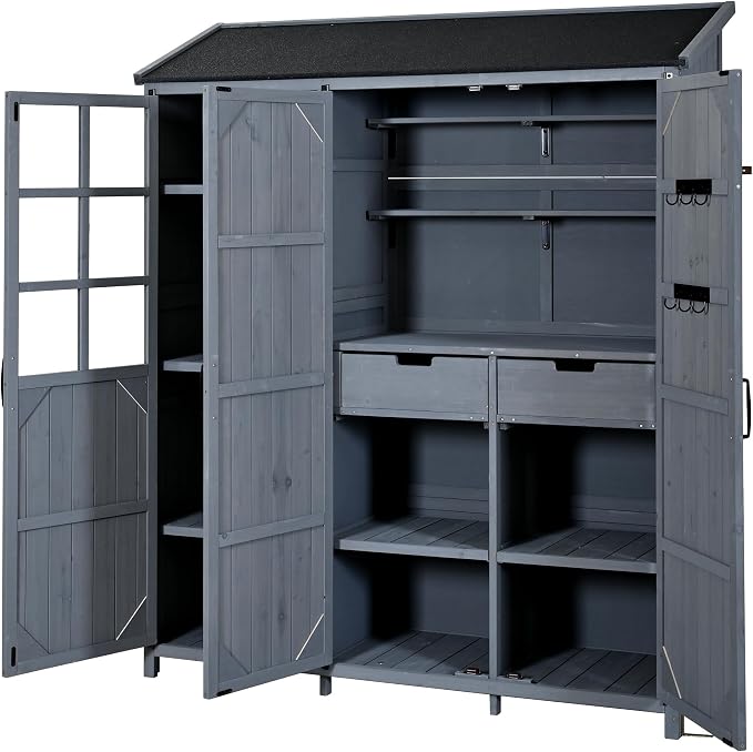 Merax Outdoor Wood Large Garden Storage Shed with Waterproof Roof, Patio 3 Doors Storage Cabinet with Workstation, 7 Storage Shelves, 2 Drawers and 6 Hooks for Backyard, Gray