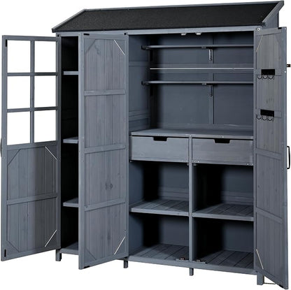 Merax Outdoor Wood Large Garden Storage Shed with Waterproof Roof, Patio 3 Doors Storage Cabinet with Workstation, 7 Storage Shelves, 2 Drawers and 6 Hooks for Backyard, Gray