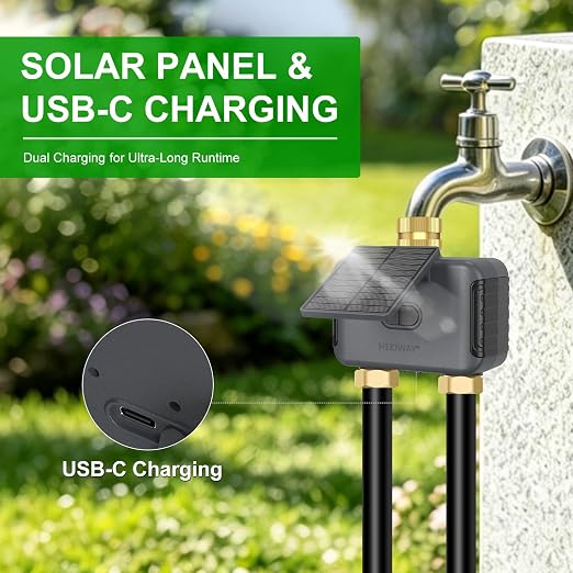 120FT Drip Irrigation System with WiFi Solar Water Timer, Automatic Garden Watering Kit with Dual Metal Tube Brass Connectors, 360° Adjustable Nozzles for Garden, Greenhouse & Lawn