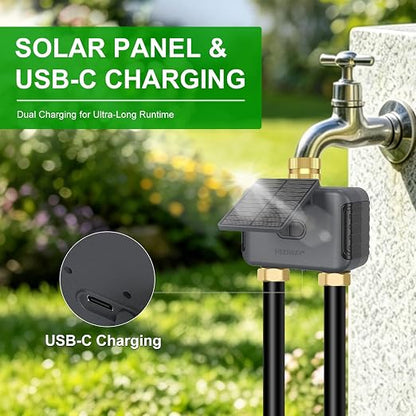120FT Drip Irrigation System with WiFi Solar Water Timer, Automatic Garden Watering Kit with Dual Metal Tube Brass Connectors, 360° Adjustable Nozzles for Garden, Greenhouse & Lawn
