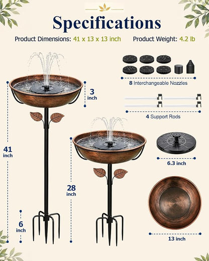 Metal Bird Bath with Solar Fountain for Outside, 3" Deep Removable Bowl Easy to Clean, Solar Powered Birdbaths with 5-Prong Stake, Outdoor Solar Bird Bath for Yard Lawn Decor, 1.4 Gallon