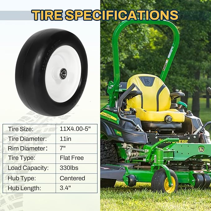 11x4.00-5 Lawn Mower Tires Flat Free, Zero Turn Mower Front Tires, 11x4-5 Solid Mower Wheel for Residential and Commercial, 3/4" or 5/8" Bushings, 3.4"-4"-4.5-5" Centered Hub, 2 Pack