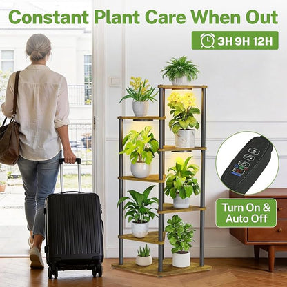 iDavosic.ly Tall Plant Stand with Grow Lights for Large & Heavy Duty Planters, 6 Tier Indoor Corner Flower Shelf with Wooden Trays & Metal Frame, Orchid Rack for Living Room Balcony, Black & Brown
