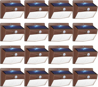Peasur 16 Packs Solar Outdoor Lights Motion Sensor Solar Security Light Waterproof with 3 Lighting Modes Solar Powered Wall Lights Outside for Garden Fence Yard, Brown