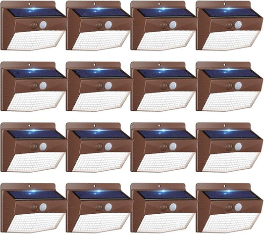Peasur 16 Packs Solar Outdoor Lights Motion Sensor Solar Security Light Waterproof with 3 Lighting Modes Solar Powered Wall Lights Outside for Garden Fence Yard, Brown