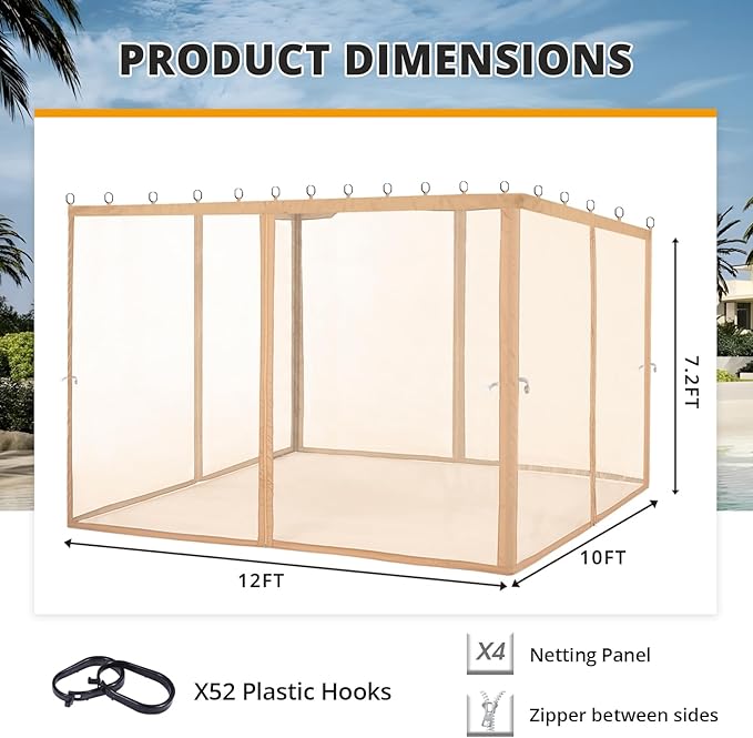 MASTERCANOPY Patio Gazebo Mosquito Netting Screen Walls (10x12, Beige)