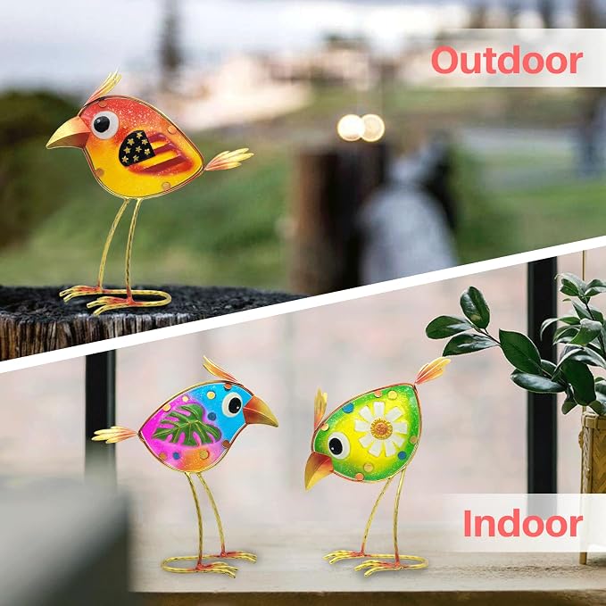 Garden Decor for Outside Set of 3, Colorful Metal & Glass Bird Decor for Outdoor, Indoor, Patio, Porch, Backyard, Balcony, Lawn, Yard Decorations, Patriotic Whimsy Birthday Gift for Gardener