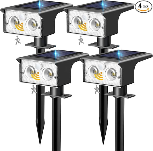 btfarm Solar Spot Lights Outdoor Waterproof, 4 Pack/3 Modes Motion Sensor Lights, Solar Powered Spotlights 2-in-1 Auto On/Off for Outside Pathway Yard Garden Lighting, Cool White