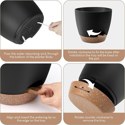 YNNICO Plant Pots 10/9/8/7.5/7 inch, Self Watering Planters with Drainage Holes & Saucers for Indoor and Outdoor Plants (Black)
