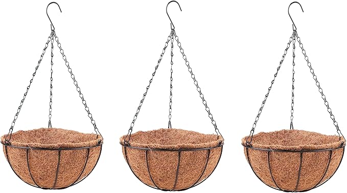 LaLaGreen Hanging Baskets for Plants (3 Pack, 10 Inch) Hanging Planter Outdoor with Coco Liner, Metal Wire Flower Basket Pots Holder Hanger Hook Deck Patio Porch Garden Balcony Outside Decoration