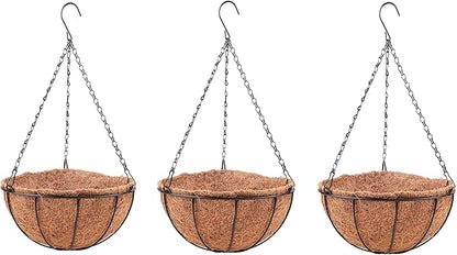 LaLaGreen Hanging Baskets for Plants (3 Pack, 10 Inch) Hanging Planter Outdoor with Coco Liner, Metal Wire Flower Basket Pots Holder Hanger Hook Deck Patio Porch Garden Balcony Outside Decoration