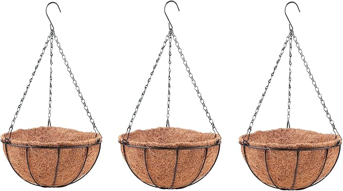 LaLaGreen Hanging Planters with Coco Liners (12 Inch, 3 Pack) Hanging Baskets for Plant Outdoor, Hanging Plant Pot Flower Metal Wire Round Holder Hanger Hook Chain Deck Porch Garden Balcony Boho Decor