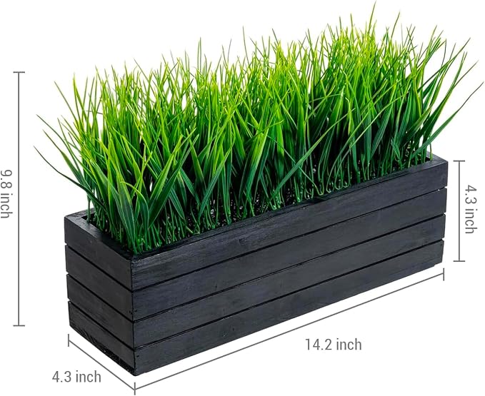 MyGift 14 Inch Artificial Green Grass Plant in Vintage Black Wood Planter Window Box, Faux Greenery in Decorative Rectangular Crate Style Wooden Container