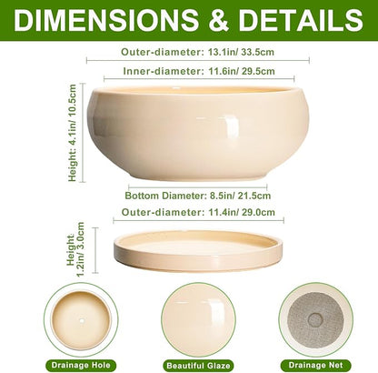 Large Succulent Planters - 13 Inch Ceramic Bonsai Pots Indoor Outdoor, Shallow Planter with Drainage Hole and Tray, Round Planter Bowl, Large Bonsai Pot, Home Decor, Housewarming Gift, Beige