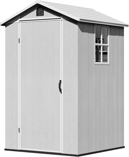 Greesum 4x4FT Plastic Storage Shed with Floor, Resin Outdoor Storaged Sheds with Lockable Door, All Weather Durable Tool Shed with Window and Vent, for Yard, Patio, Garden, Light Gray