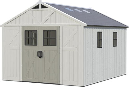 Greesum 10X12FT Plastic Outdoor Storage Shed with Floor and Lockable Door, Resin Sheds with 6-Windows and Multiple Skylights, HDPE Kick-it Shed for Garden, Patio, Backyard, Beige