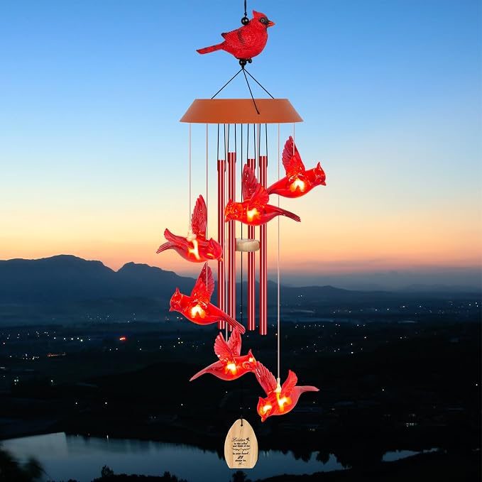 Solar Wind Chimes for Outside, Memorial Cardinal Wind Chimes, 35" LED Windchimes Outdoors Christmas Birthday Cardinal Gifts for Women Mom Grandma Home Garden Decor