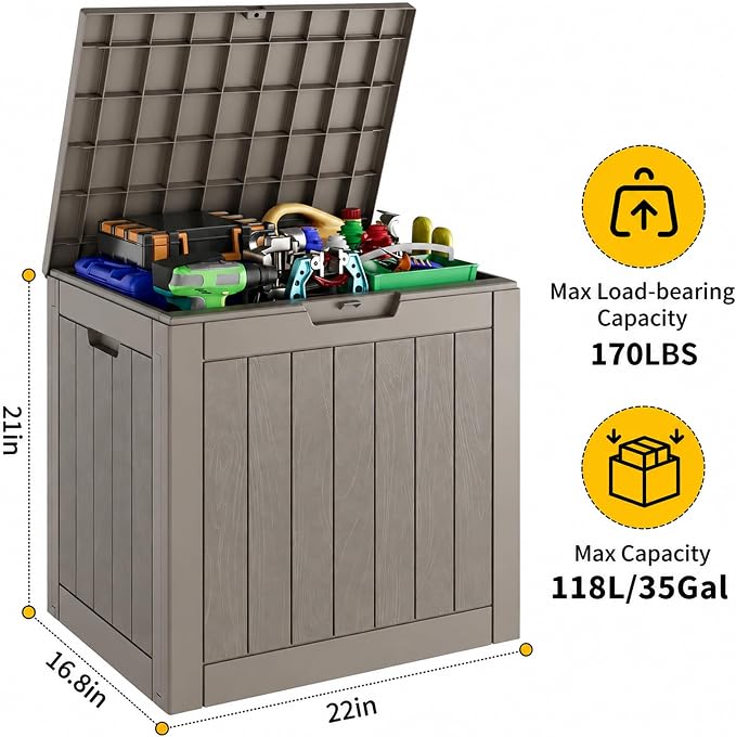 Outdoor Storage Box, 35 Gallon Resin Deck Boxes Outdoor Waterproof For Patio Furniture, Garden Tools, Pool Supplies, Lockable And UV Resistant (Striped Gray)