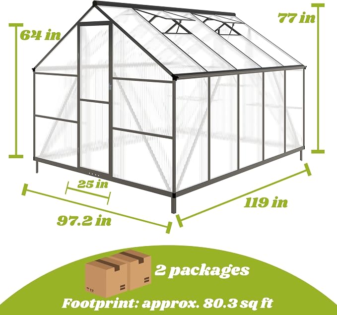 8x10 FT Greenhouses for Outdoors, Polycarbonate Greenhouse with PC Panels, Greenhouses for Outdoors for Yard, Garden, Hobby, Charcoal Black