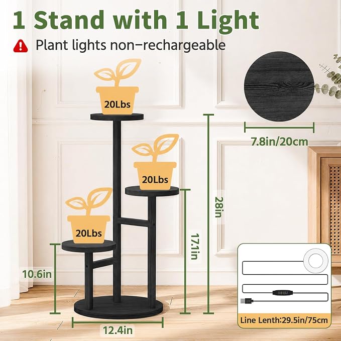 LASZOLA 3 Tiered Wood Plant Stand Indoor Corner with Grow Lights, Flower Holder Rack Tall for Multiple Plants, Rustic Planter Shelf Display for Patio Garden Balcony Living Room, Black