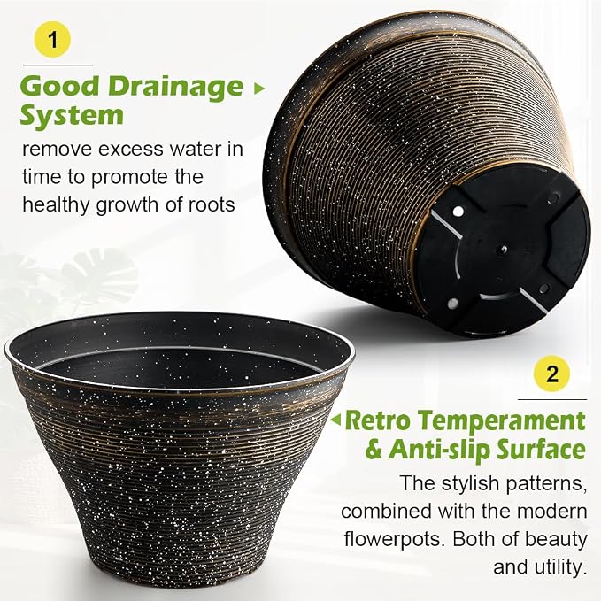 RooTrimmer 18 Inch Large Planters for Indoor Outdoor Plants 4 Pack, Plastic Plant Pots with Drainage Holes, Modern Decorative Garden Pots, Plant Container for Planting Ornamental Plants, Black