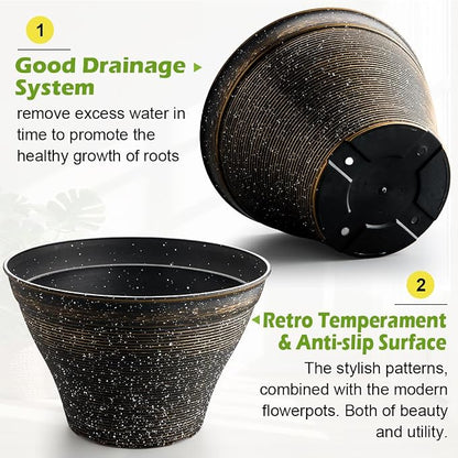 RooTrimmer 18 Inch Large Planters for Indoor Outdoor Plants 4 Pack, Plastic Plant Pots with Drainage Holes, Modern Decorative Garden Pots, Plant Container for Planting Ornamental Plants, Black