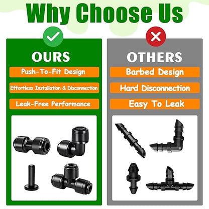 1/4 Inch Drip Tubing Irrigation Fittings Kit - 40 Pieces Set 1/4'' Drip Line Push-to-Fit Connectors Includes 10 Tees 10 Coupling 10 Elbows 10 End Cap