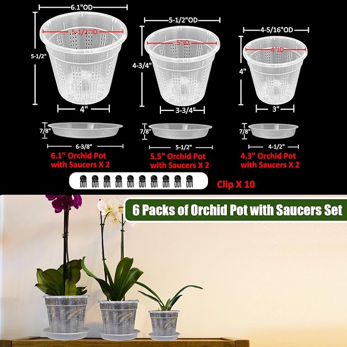 Orchid Pot with Saucers, 6 Pack Orchid Pots with Holes, 2 Each of 4.3",5.5",6.1" Clear Plastic Planter for Indoor Outdoor Plants (2 Each of 4.3,5.5",6.1" with Saucers)