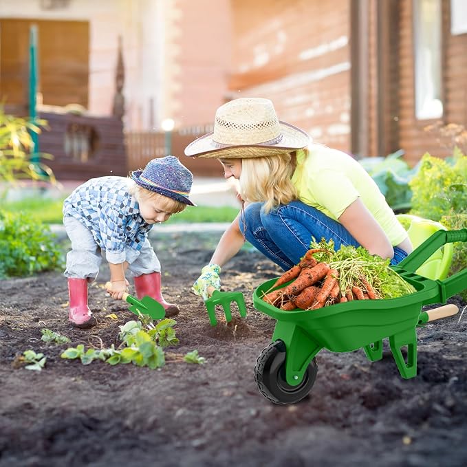 Qtioucp Kids Gardening Tools Outdoor Toys Set Backyard Play with Wheelbarrow Educational STEM Learning Pretend Toys Outdoor Indoor for Toddlers Kids Boys Girls